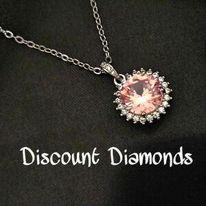 Pink Sapphire & Clear White Baguette Diamond Pendant 14K White Gold 925 